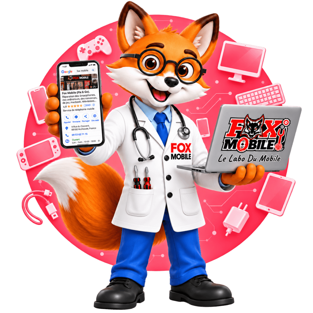 Mr. Fox, la mascotte de FOX MOBILE, en blouse de technicien