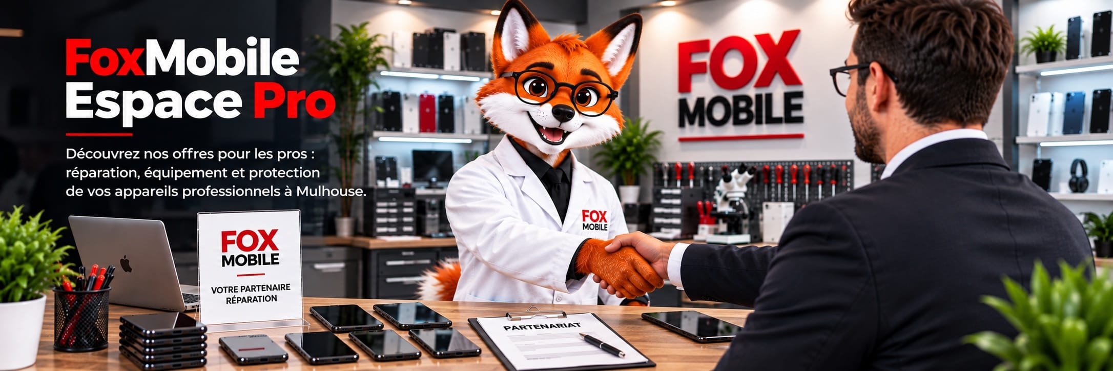 FoxMobile Espace Pro : réparation, équipement et protection de vos appareils professionnels à Mulhouse.