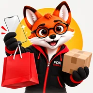 Mr. Fox avec un sac de la boutique, un colis et une protection d’écran