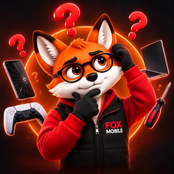 Mr. Fox, la mascotte de Fox Mobile, réfléchit aux questions fréquentes sur la réparation de téléphones à Mulhouse