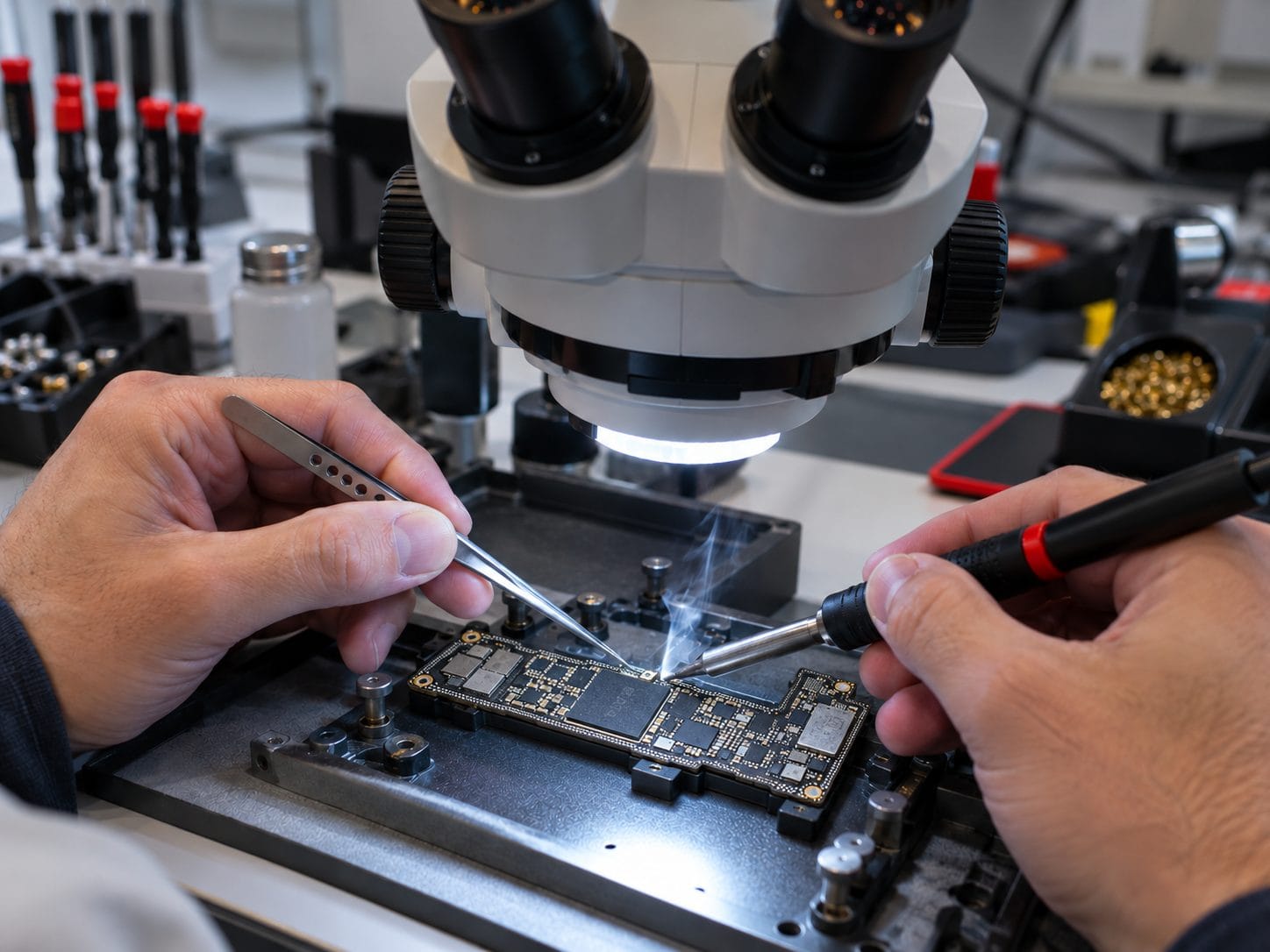 Microsoudure sur une carte mère de smartphone sous microscope