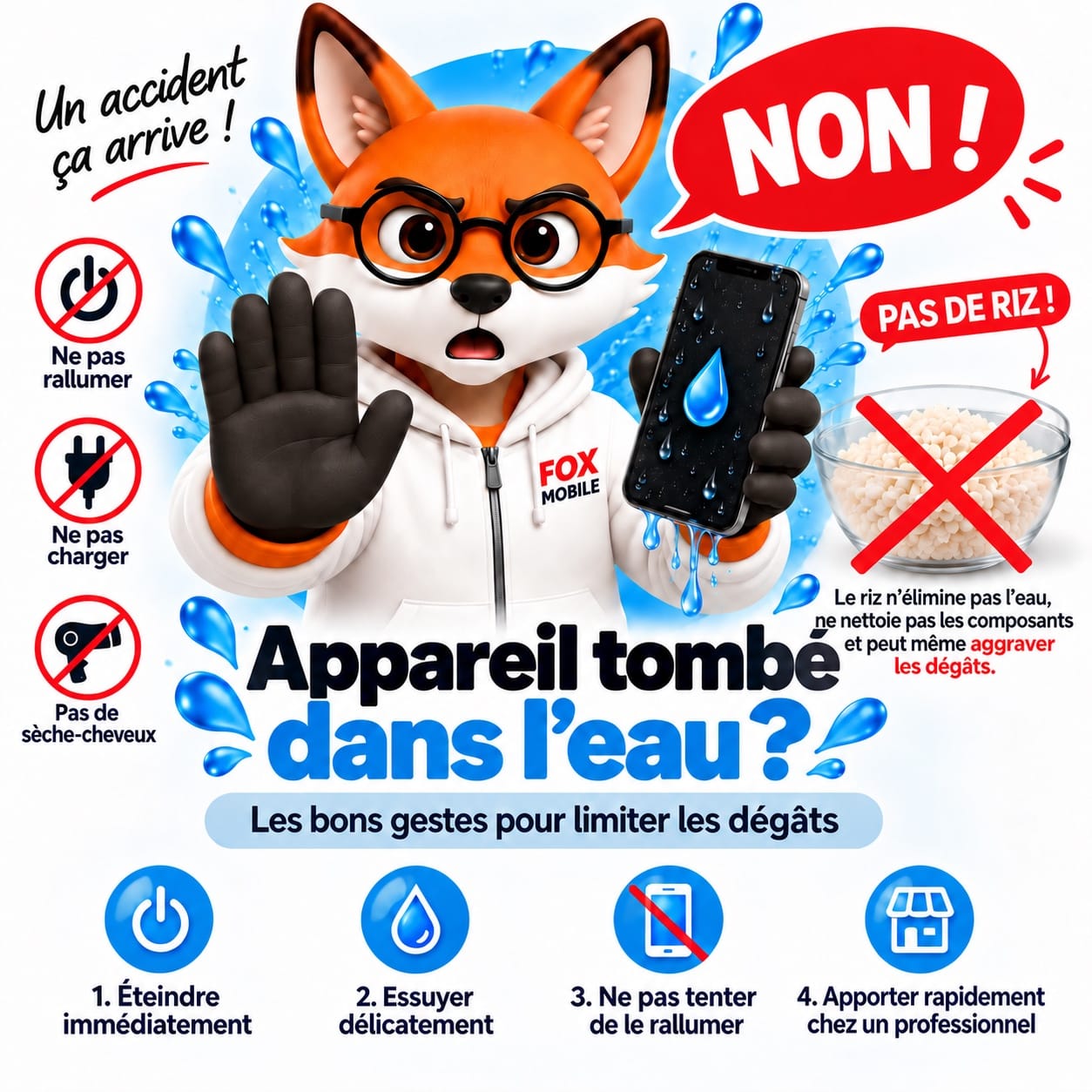 Appareil tombé dans l’eau : bons gestes, désoxydation, réparation de carte mère et mythe du riz